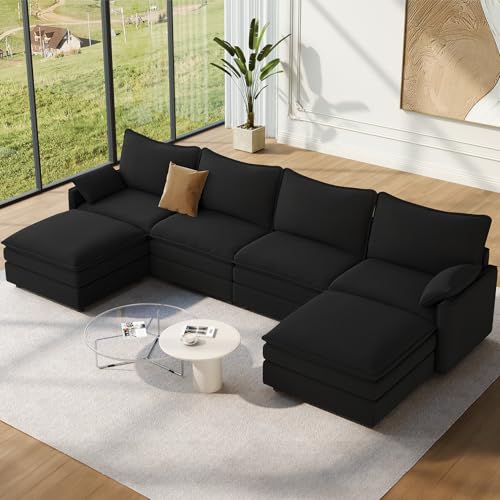 Image of Vesgantti 142 inch U Shaped Sectional Couch, Comfy Cloud Modular Sectional Sofa with 2 Ottoman Deep Seat Chenille Modern Cloud Sofa, Modular Sofas for Living Room, Bedroom and Apartment, Black