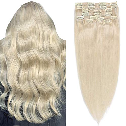 20 inches Clip in Human Hair Extensions Double Weft Platinum Blonde Clip in Real Extensions 8 Pieces 160G 20 Inch Clip on for Women
