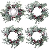 4 anelli per candele con ghirlanda di candele natalizie artificiali realistiche a bacca rossa per pilastri, tavolo invernale, porta d
