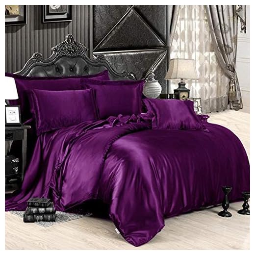 Vuvet Bedding 100% Pure Silk Satin Sheet Set 7pcs, Deep Pocket Fitted Sheet, Flat Sheet, Duvet Cover & Pillowcases Set|Cool Soft Satin Sheets|Wrinkle Free Fade Resistant|Queen,Purple