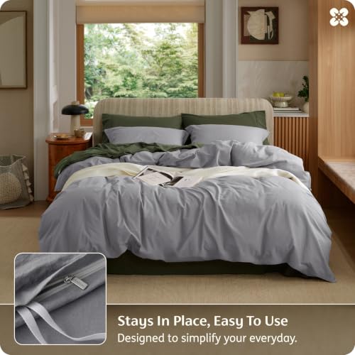 Image of Bedsure 100% Washed Cotton Duvet Cover Queen Size - Grey Minimalist Bedding Set Linen Like - PureWoven Plain Simple & Soft Comforter Cover for All Seasons, 3 Pieces (Grey, Queen, 90 inchx90 inch)