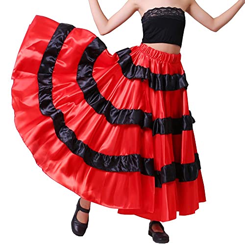 Vnoevw Women Girls Red Black Layered Ruffles Skirt For Belly Dance Spain Flamenco Gypsy Bull Performance (5-7 Years) #TOP1
