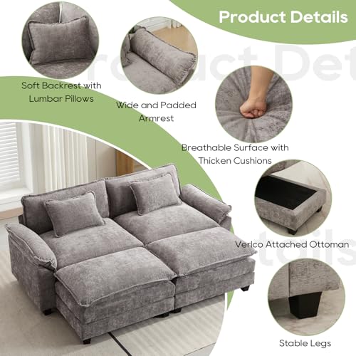 Image of Oprisen 86 inch Modular Sectional Sofa, Comfy Cloud Couch Sectional Sofa with Ottomans, Chenille Sofa Sleeper Deep Seat Sofa with Throw Pillows for Living Room (Lgiht Grey)