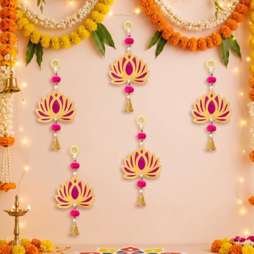 Image of JH Gallery Magenta Bell Lotus Hanging Set of 5 - Handmade Ganesh Chaturthi Decoration Items for Home, Ganpati Mandap Backdrop, Pooja Room Wall & Door Toran (9 Inch)