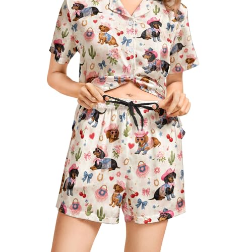 Image of Funny Pajamas for Women Set Print Satin Loungewear Pjs Short Sleeve Button Down Top and Shorts Sets Sleepwear XS-3XL