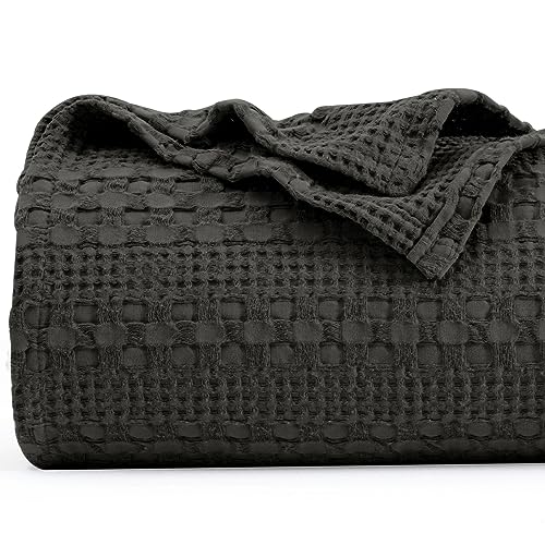 PHF 100% Cotton Waffle Weave Blanket King Size, Lightweight Washed Cotton Blanket for Spring & Summer - 108"x90" Soft Woven and Breathable Blanket for Bed Sofa Home Decor - Black