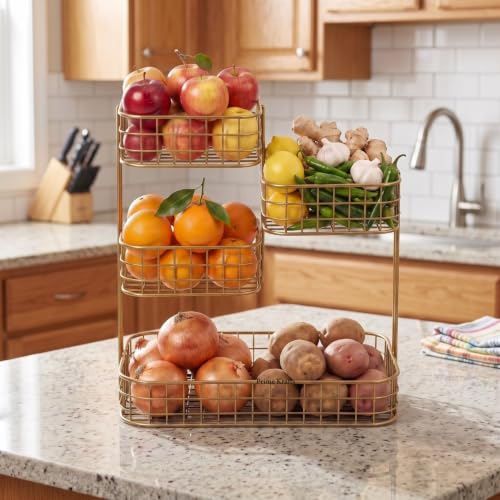 Image of 4 Tier Fruit Basket for Kitchen | Space Saving Decorative Kitchen Organizer | Multi-Layer Dining Table Organizer for Fruits, Snacks & Jars (4 Tier - Gold)