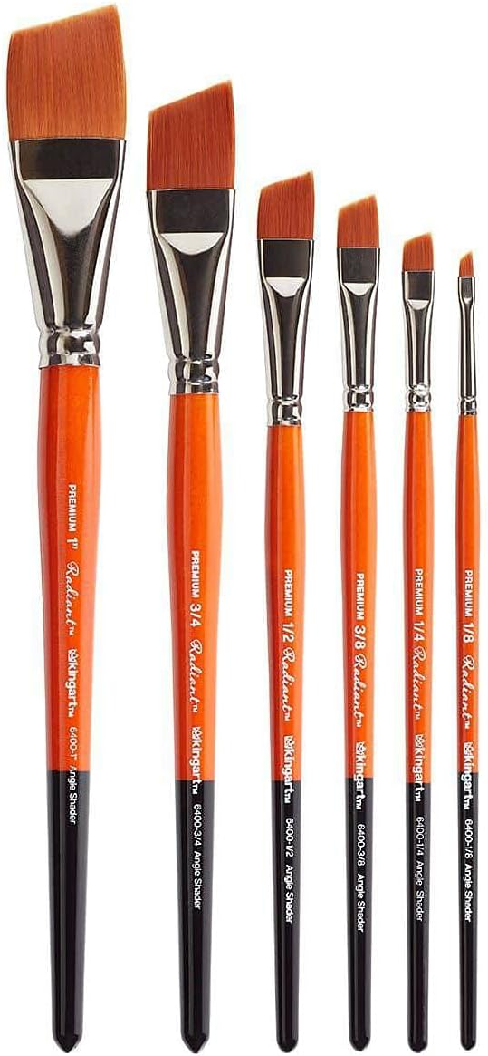 KINGART Premium 6 pc. Radiant 6400 Series Angular Shader Artist Brush Set, Golden Synthetic Hair for Acrylic, Oil, Watercolor Painting, Short Handle, 6 Sizes: 1/8", 1/4", 3/8", 1/2", 3/4", 1"