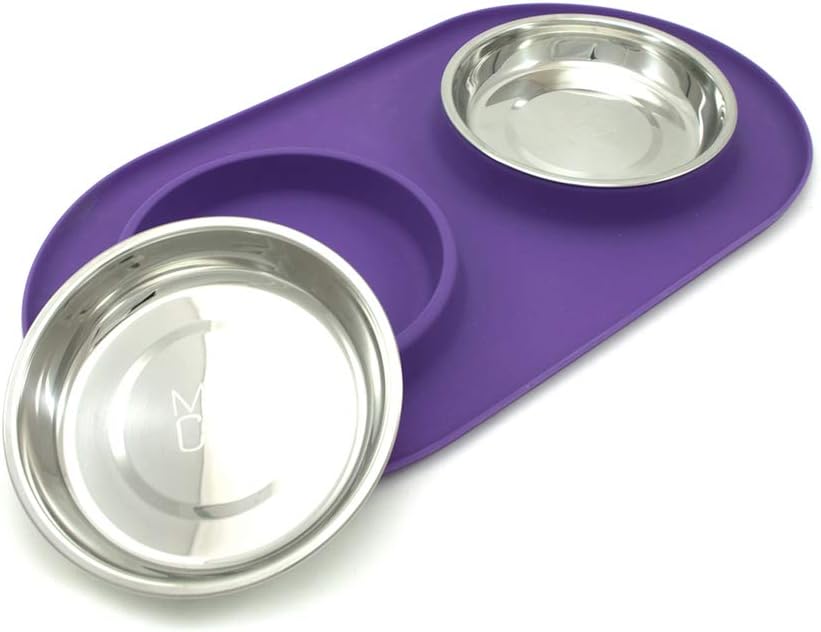 Messy Cats Double Silicone Feeder with Stainless Saucer Shaped Bowl | Anti-Slip Non-Skid Cat Food Bowls | Two Cat Bowls in Feeding/Water Station | 1.75 Cups per Bowl (Purple)