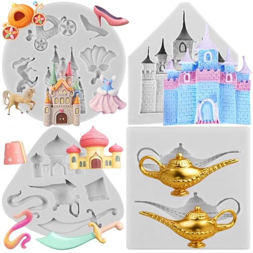 Sijiangmold Aladdin Lamp Silicone Moulds Castle Fondant Mould for Aladdin Myth Theme Cake Decoration Cupcake Topper Chocolate Gum Paste Candy Polymer Clay Set of 4