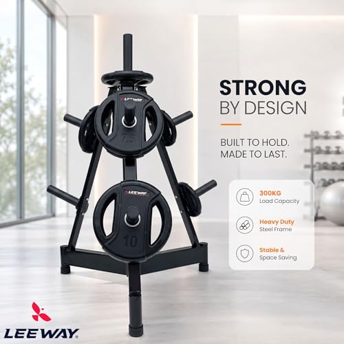 Image of Leeway Weight Rack for Home Gym Stand | Olympic 2-Inch Plate Tree Stand | 7-Peg Heavy Duty Steel Storage Organizer | 300 Kg Capacity Vertical Commercial Gym Rack (Triangular Weight Rack)