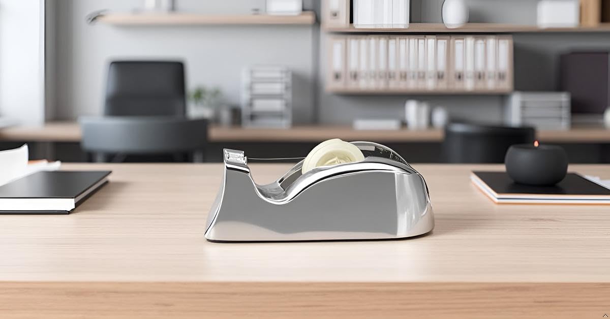 Dispenser di Nastro Adesivo, 13 x 5,5 x 5 cm, Argento Placcato in Argento. Accessori per scrivania in Argento