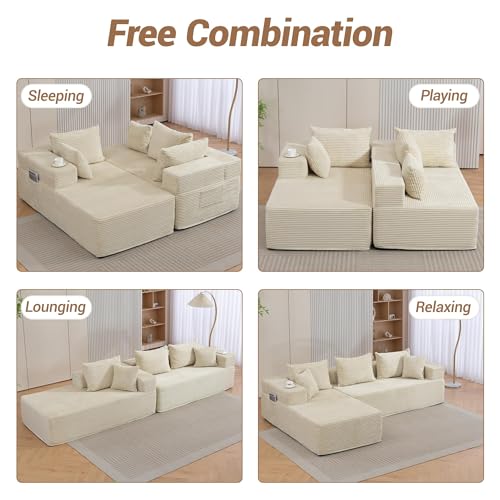 Image of 105'' Modular L-Shaped Boneless Sectional, Corduroy Deep Seat Cloud Sectional Couch, Small Space Sofa for Apartment Living Room Bedroom, No Assembly, Beige