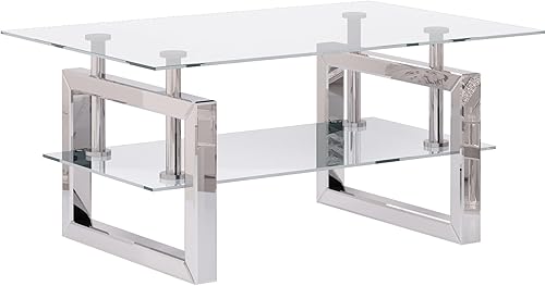 BALUS Glass Coffee Table for Living Room, Clear Center Rectangular Table with Tempered Glass and Stainless Steel, Silver Mirror Finish Legs