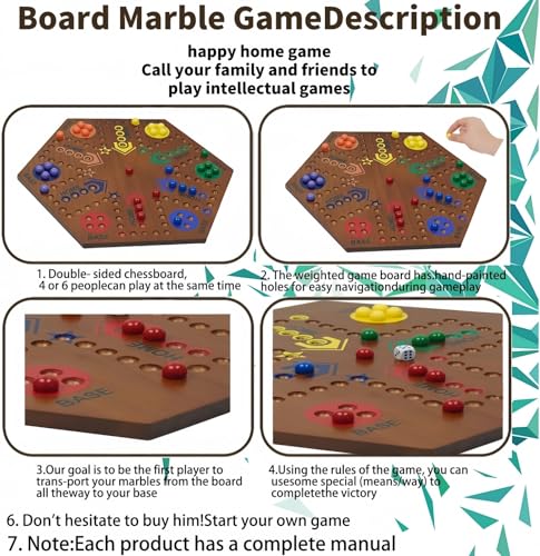 Wooden Board Games- -Marble Board Game -Surfacepainting-Double Sided Painted 15inch Fast Track for 6 and 4 Players with 6 Colors 30 Marbles 6 Dice for Kids Friends Family Game Party (Walnut) - Image 6