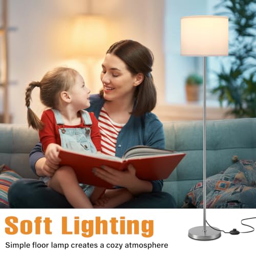 Image of Ambimall 60'' Modern Floor Lamp with Shade, Tall Lamps for Living Room, Bedroom, Office, Dining Room, White Shade with Silver Pole(Without Bulb)