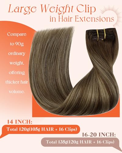 Image of Sunny Hair Clip in Hair Extensions Real Human Hair Brown Balayage 120g | Brown Balayage Blonde Clip in Hair Extensions Natural Looking Body and Even Thickness Define for Party Hairstyle 14 Inch