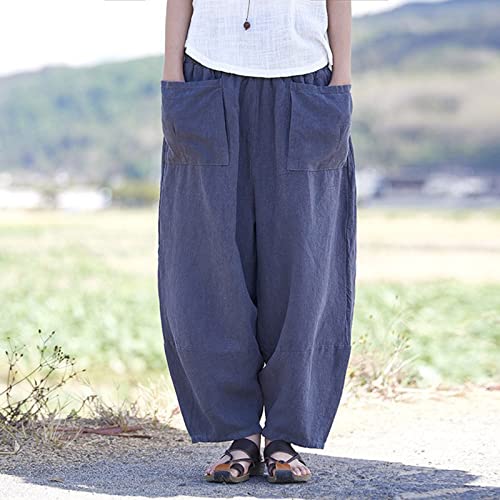 Women Vintage Cotton Linen Pant Casual Solid Colours Harem Pant Summer Lightweight Trousers with Pockets (Dark Blue, M)2