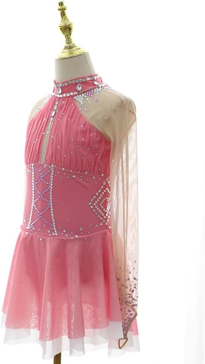 Ladies Figure Skating Suit Competition Suit Girls pink Long Sleeve Rhinestones Roller Skating Gymnastic Leotard