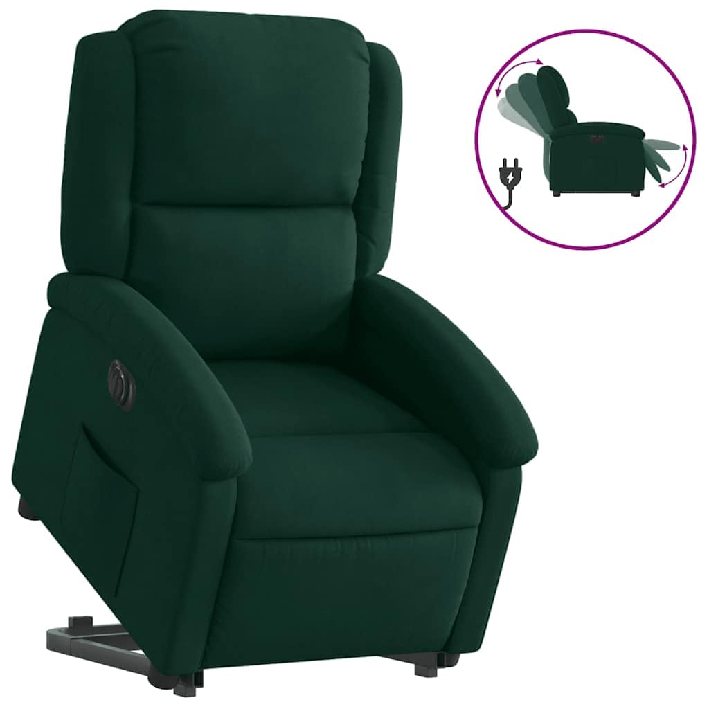 Sillón elevador eléctrico reclinable de terciopelo verde oscuro con función de elevación e inclinación para un asiento cómodo y estable, motor silencioso y marco robusto