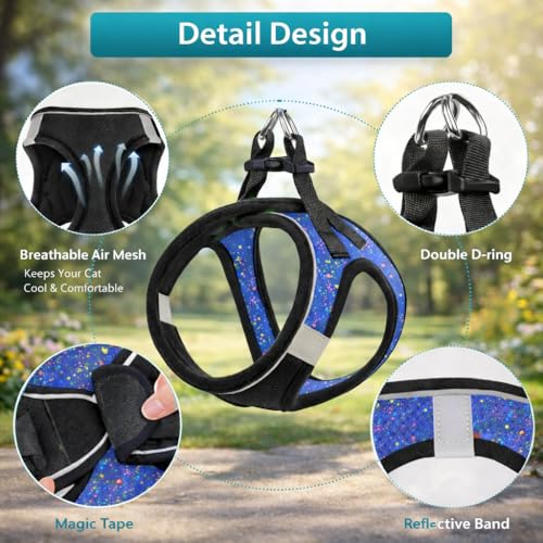 Image of Berlin's Cat Harness with Leash for Outdoor, Walking, Escape Proof, Air Mesh Fabric, Easy Control, Adjustable & Durable Cat Leash with Harness for Cats (Black-Printed Blue, Small)