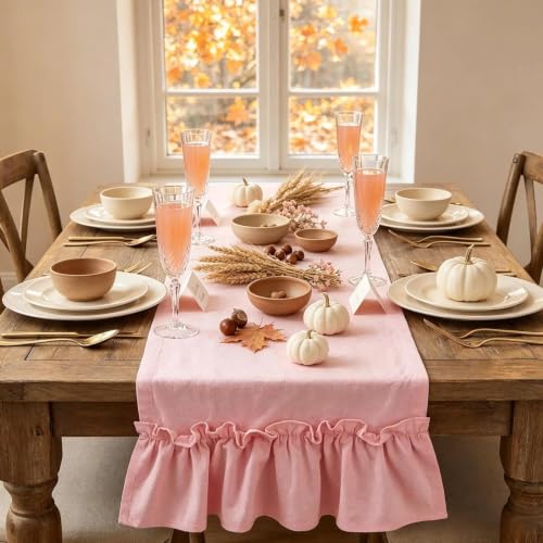 yuboo Dusty Rose Pink Ruffle Table Runner 12 x 54 Inches, Farmhouse Pink Fall Table Runners with for Thanksgiving, Wedding, Bridal Baby Shower Dresser Decor