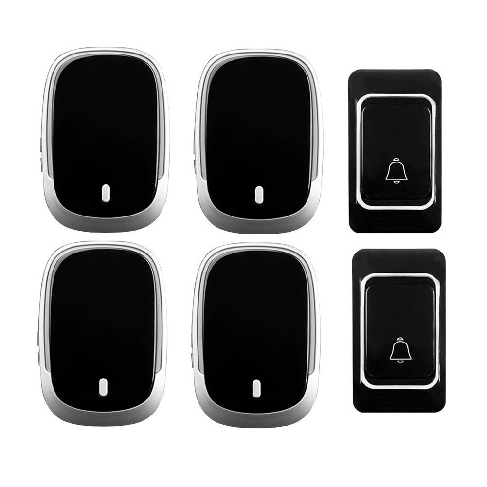 Campanello Wireless Impermeabile IP44, Kit Campanello per Porta a Distanza Ultra Lunga per la casa, 2 Pulsanti + 4 ricevitori, 36 suonerie, 4 Livelli di Volume, Nero,Nero
