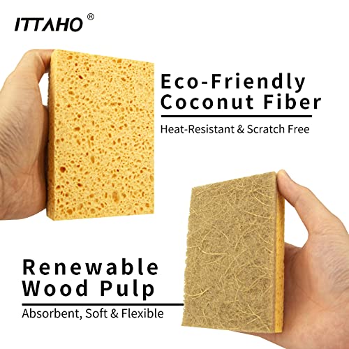 Ittaho 12 Pack Natural Dish Sponge, Eco-Friendly Scrub Sponge, Compostable Coconut & Cellulose Cleaning Scrubber Non-Scratch Kitchen Sponge For Pot,Pan,Bathroom,Flatware,Sink, Brown+Yellow #TOP6