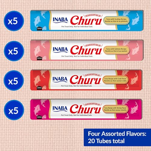 Image of INABA Churu Cat Treats, Lickable, Squeezable Creamy Puree Cat Treat with Green Tea Extract & Taurine, 0.5 Ounces Each Tube, 20 Tubes, Tuna & Seafood Variety Box