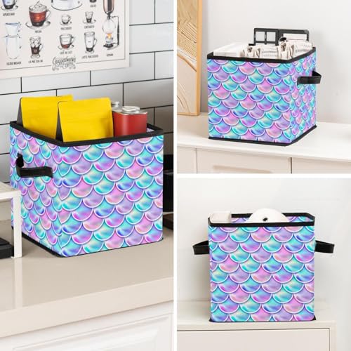 Boîte de rangement pliable cube en tissu motif écailles de sirène - 8