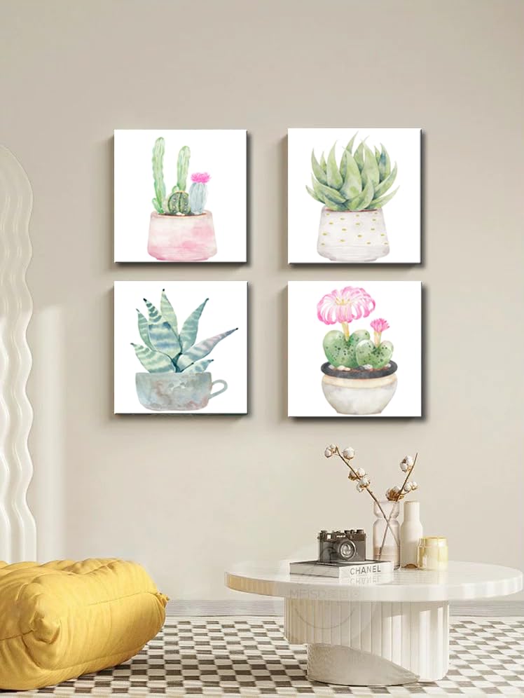 Image of msspart Cactus Bathroom Decor Wall Art, Succulent Pictures Canvas Print, Green Plants Paintings for Bedroom Living room Office Decoration - 12 inch X 12 inch