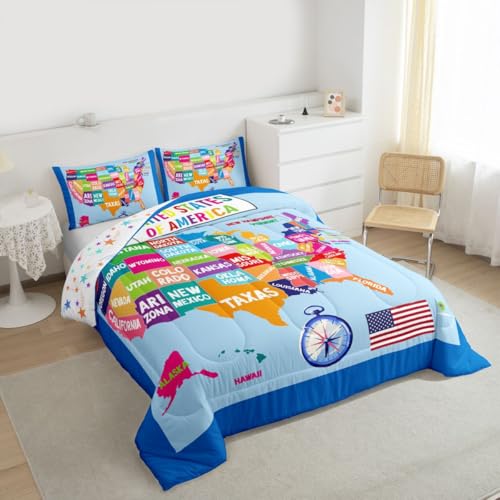 Image of Feelyou Geography USA Map Comforter Set Full Size, Educational Map Bedding Set for Kids World Geography Comforter Learning Educational Duvet Set Microfiber Bed Set