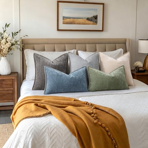 Image of decorUhome Fall Chenille Soft Throw Pillow Covers 24x24 Set of 2, Farmhouse Velvet Neutral Decorative Euro Sham Pillow Covers with Stitched Edge for Couch Sofa Bed Home Decor, Dark Grey