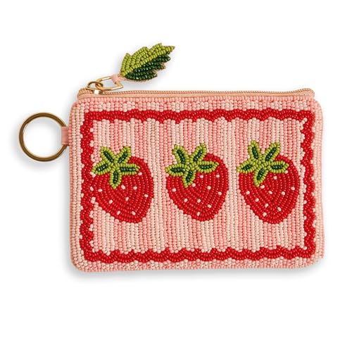 The Darling Effect Strawberries Handcrafted Beaded Pouch with Beaded Zipper
