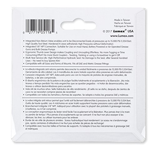 Lumax Lx-1403 Silver Heavy-Duty Quick Release Grease Coupler, 1/8" Npt, 1 Pack. Integrated Non-Return Valve Enables Unit To Be Disconnected Easily At Pressures Up To 15,000 Psi. #TOP4
