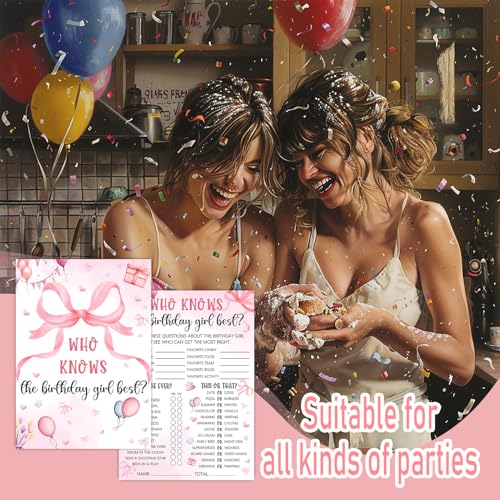 Image of Who Knows The Birthday Girl Best, Pink Party Game Card Set, 5x7 inch, Pink Bow Theme Girls Sleepover Party Supplies, Girls Birthday Night Game Ideas, 20 Cards + 20 Pencils