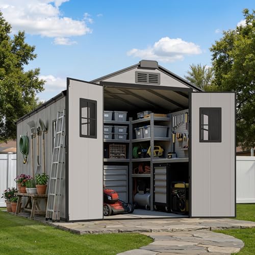 8X12 FT Large Outdoor Storage Shed with Floor Oversized Waterproof Heavy Duty Resin Garden Tool Shed Backyard Lawn Sheds with Windows Lockable Door and Vents for Patio Outside