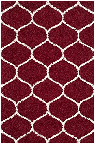 Image of Super Ultra Modern Soft Shaggy Handcrafted Anti-Skid Silk Touch Carpet, Size 12x15 Feet, Color REDD & Ivory