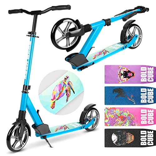 New Trottinettes à Roues XXL 200mm pour Adultes Ados et Enfants Âge 8+, City Scooter Pliable et Hauteur Ajustable, avec Suspension Frontale, Poids Maximal 100 Kg (Bleu Cyan)