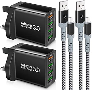 USB Plug Charger with USB Type C Cable,[2Pack] 4-Port USB Fast Charger Plug with 33W Fast Charge 3.0 Wall Charger,Multi USB Plug Power Adapter UK Fast Charging for Samsung S22 S21 S10 S9 S8 Black