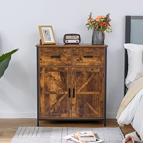 Weenfon Storage Cabinet, Floor Storage Cabinet With 2 Large Drawers, Accent Cabinet With 2 Barn Doors, Sideboard Cabinet For Living Room, Entryway, Kitchen, Industrial, Rustic Brown #TOP4