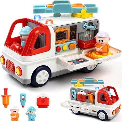 Juguete de ambulancia para niños a partir de 1, 2, 3 y 4 años con sonido ligero, ambulancia Montessori con figuras de accesorios médicos, muchas funciones juguetes educativos vehículos, regalos para