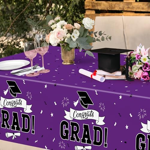 Image of 2 Pcs Graduation Tablecloth, 108 inch X 54 inch Plastic Graduation Decorations 2026, Rectangle Purple Table Cover for Grad Decor Party Supplies, Disposable Tablecover for Class of 2026 Congrats Grad for Kids