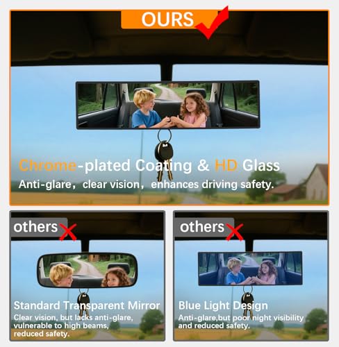 Image of Rear View Mirror, Chrome Anti-glare Panoramic Rear Mirrors Universal 16 Inch Convex Interior Clip on Extra Big Wide Angle Rearview Mirror Extender to Reduce Blind Spot for Pickup Truck Van