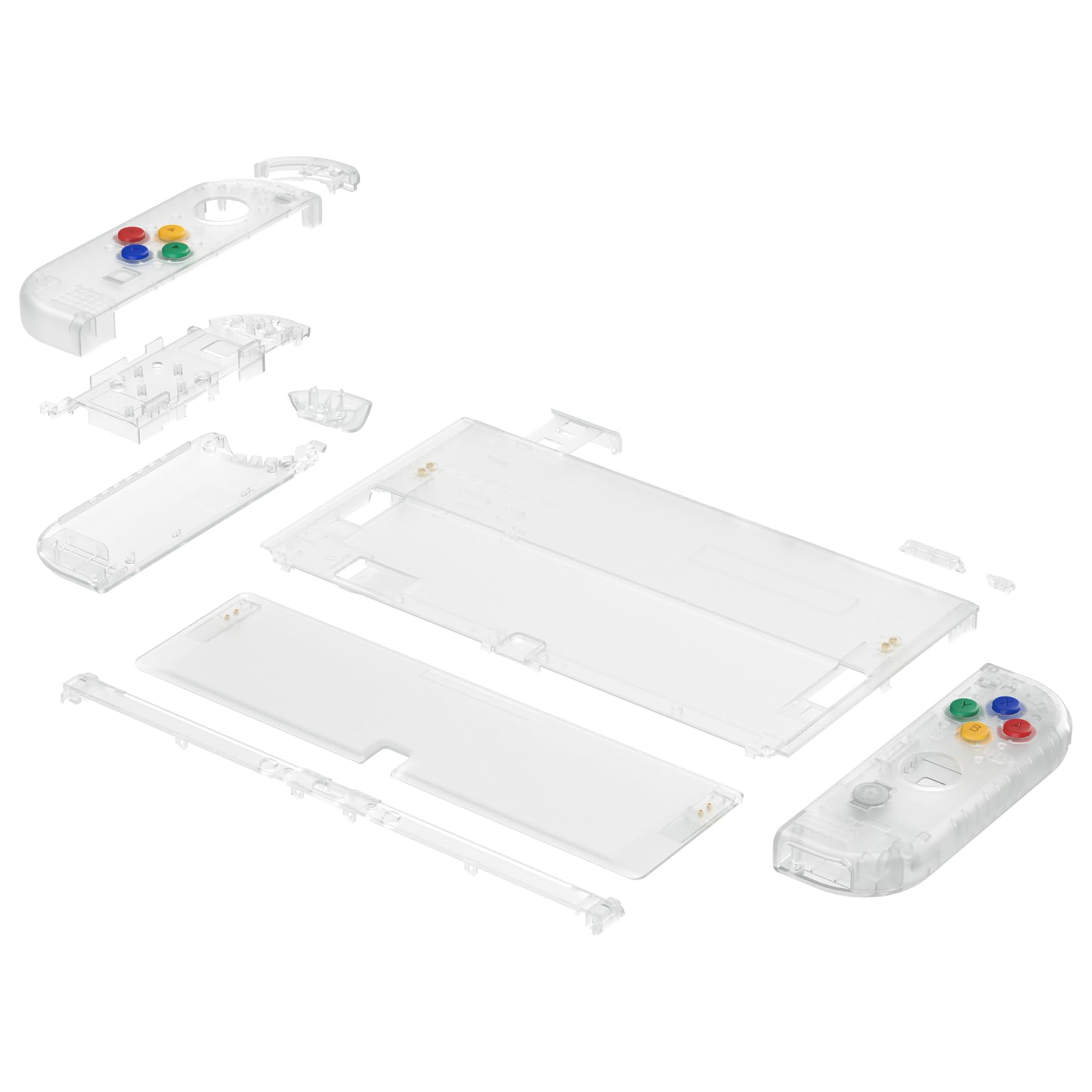 eXtremeRate Cover Pulsanti Tasti Ricambio per Nintendo Switch OLED Console Joycon,Custodia Posteriore Controller Scocca Supporto Shell KickStand per Nintendo Switch OLED-Trasparente Illuminare