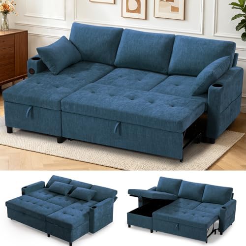 84" Chenille Pull Out Sofa Bed w/Adjustable Backrest, Blue