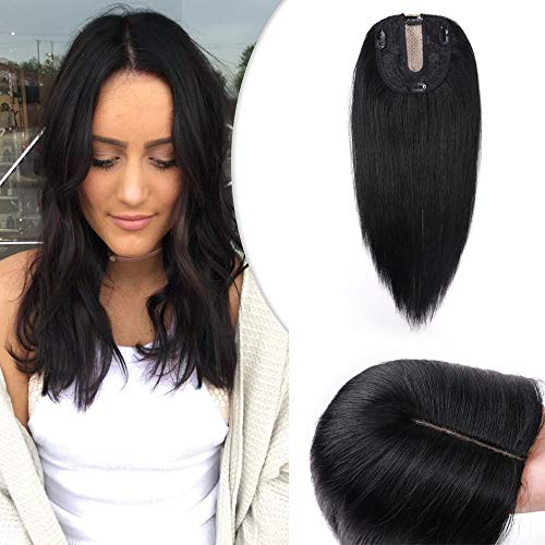 Hairro 16 Inch Clip in Human Hair Topper with Silk Base for Women Middle Part Clip on Crown Hairpieces #4 Jet Black Crown Top Clip on Toupee Extensions with 4 Clips Filler Hairpiece