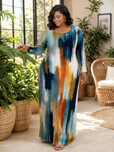 Image of PinkPatty Plus Size Maxi Dress for Curvy Women Crew Neck Long Sleeves Casual Dress Vacation Sundresses with Pockets