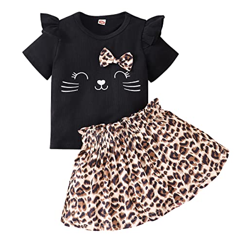 Image of Akyzic Little Girl Skirt Outfit Two Piece Spring Summer Outfit Butterfly Dress Cat Print Skirt Toddler Girl Outfit Set