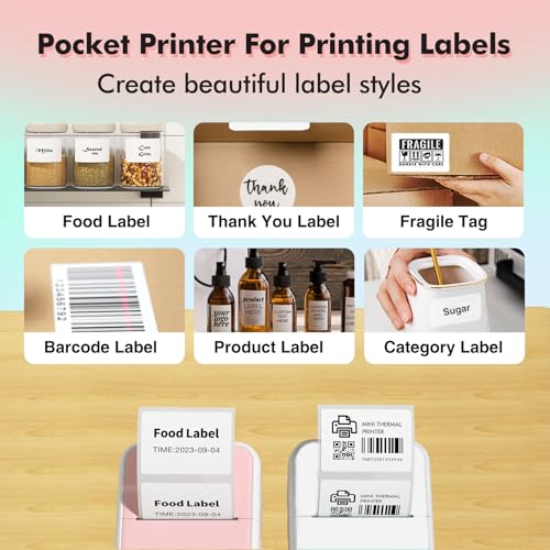 Image of Mini Printer Sticker Printer Bluetooth for Phone Portable Thermal Print for Photo,Note,Journal,Memo,with 6 Rolls Thermal Paper(Pink)